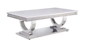 ACME 87355 Zander - Coffee Table - White Printed Faux Marble & Mirrored Silver Finish