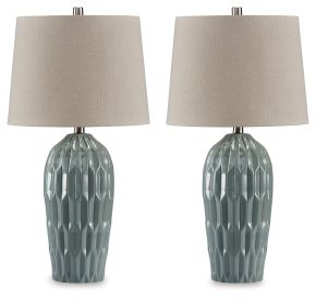 Signature Design by Ashley® L178034 Hadbury - Ceramic Table Lamp (Set of 2) - Pale Blue / Teal