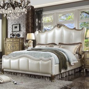 ACME 27817EK Dresden II - Eastern King Bed - Pearl White Synthetic Leather & Gold Patina