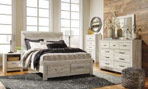 Signature Design by Ashley® B331/31/36/57/54S/95/B100-13 Bellaby - Whitewash - 6 Pc. - Dresser, Mirror, Queen Platform Bed With 2 Storage Drawers