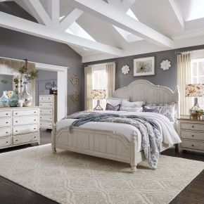 Liberty Furniture 652-BR-QPSDMCN Liberty Furniture 652-BR-QPSDMCN Farmhouse Reimagined - 5 Piece Bedroom Set (Queen Poster Bed, Dresser & Mirror, Chest, Nightstand) - Antique White / Chestnut Tops
