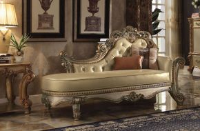 ACME 96485 Vendome - Chaise With 2 Pillows - Bone Synthetic Leather & Gold Patina