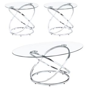 CoasterEssence 722373 Warren - 3 Piece Oval Glass Top Coffee Table Set - Chrome