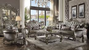 ACME 56820 Versailles - Sofa With 6 Pillows - Silver Synthetic Leather & Antique Platinum