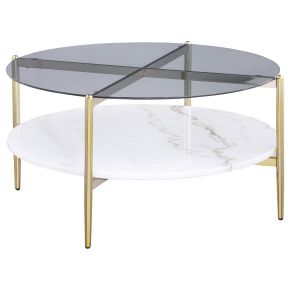CoasterEveryday 710338 Jonelle - Round Glass Top Coffee Table White Marble Shelf Gold - Smoke