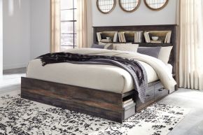 Signature Design by Ashley® B211/69/56/160/B100-14 Drystan - King Bookcase Bed with 2 Side Drawers - Brown / Beige