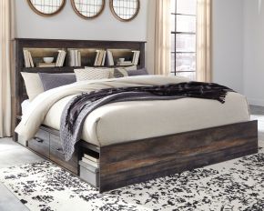 Signature Design by Ashley® B211/69/56/60(2)/B100-14 Drystan - Brown / Beige - King Bookcase Bed With 4 Storage Drawers