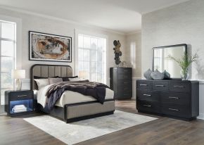 Ashley Furniture B821/31/36/57/54/91(2) Ashley Furniture B821/31/36/57/54/91(2) Rowanbeck - 6 Pc. - Dresser, Mirror, Queen Upholstered Panel Bed, 2 Nightstands - Gray / Black