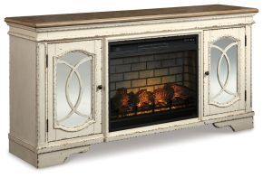 Signature Design by Ashley® W743/68/W100-121 Realyn - Chipped White - 2 Pc. - 74" TV Stand With Electric Infrared Fireplace Insert