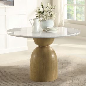 ACME DN02390 Kala - Round Dining Table With Marble Top - Natural Marble Top & Oak Finish