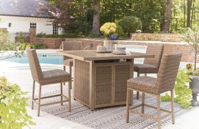 Signature Design by Ashley® P749/665/130(2) Walton Bridge - 5 Pc. - Square Bar Table W/Fire Pit, 4 Barstools - Driftwood