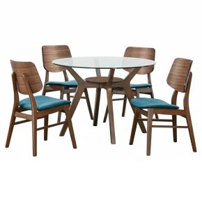 New Classic 40-D1651-DG4FC Oscar - Round Glass Table With 4 Teal Cushion Chairs - Brown