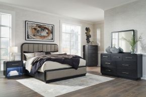 Signature Design by Ashley® B821/31/36/46/58/94 Rowanbeck - Gray / Black - 5 Pc. - Dresser, Mirror, Chest, California King Upholstered Panel Bed