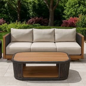 New Classic G5551-23 Veranda - Wicker & Wood Outdoor Sofa With Cushions - Natural / Gray / Brown