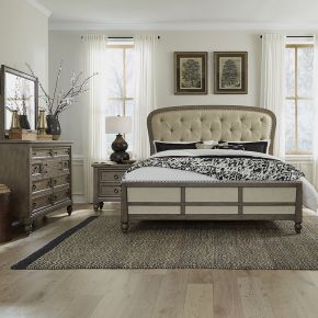 Liberty Furniture 615-BR-QSHDMN Liberty Furniture 615-BR-QSHDMN Americana Farmhouse - 4 Piece Bedroom Set (Queen Shelter Bed, Dresser & Mirror, Nightstand) - Dusty Taupe