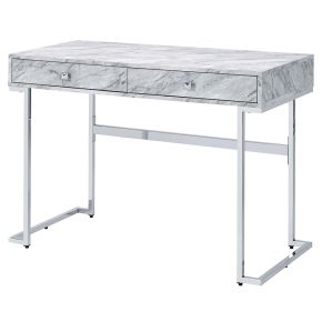 ACME 92615 Tigress - Writing Desk - White Printed Faux Marble Top & Chrome