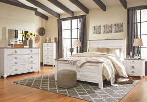 Signature Design by Ashley® B267/31/36/46/57/54/98 Willowton - 6 Pc. - Dresser, Mirror, Chest, Queen Panel Bed - Whitewash
