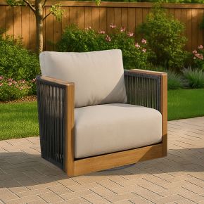 New Classic G5551-21S Veranda - Wicker & Wood Swivel Patio Club Chair With Cushions - Natural / Gray / Brown