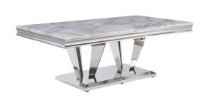 ACME 87215 Satinka - Coffee Table - Light Gray Printed Faux Marble & Mirrored Silver Finish