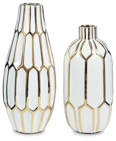 Ashley Furniture A2000135 Mohsen - Vase Set (Set of 2) - Gold Finish / White