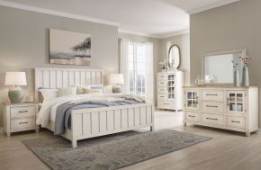 Benchcraft® B683/31/36/48/82/94 Shaybrock - 5 Pc. - Dresser, Mirror, Chest, California King Panel Bed - Antique White