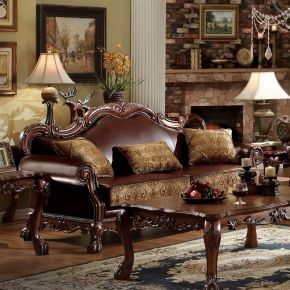 ACME 15160 Dresden - Sofa With 3 Pillows - Brown Synthetic Leather & Chenille, Cherry Oak