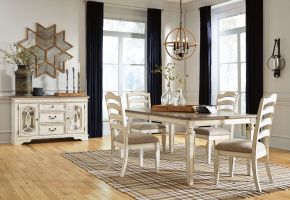 Signature Design by Ashley® D743/45/01(4)/60 Realyn - White - 6 Pc. - Extension Table, 4 Ladderback Side Chairs, Server