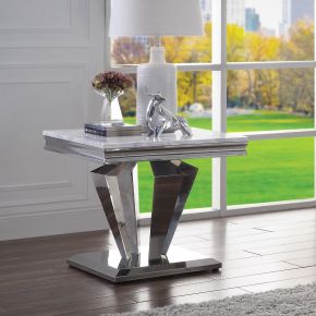 ACME 87219 Satinka - End Table - Light Gray Printed Faux Marble Top & Mirrored Silver