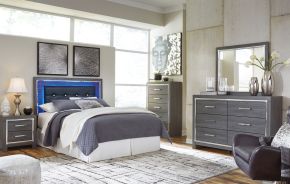 Signature Design by Ashley® B214/31/36/57/B100-31/92 Lodanna - 5 Pc. - Dresser, Mirror, Queen Upholstered Panel Headboard with Bolt on Bed Frame, Nightstand - Gray
