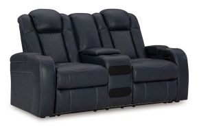 Ashley Furniture 3660318 Fyne-Dyme - Power Reclining Loveseat with Console/Adj Hdrst - Sapphire