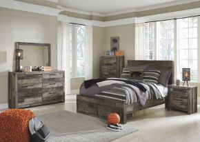 Benchcraft® B200/84S/87/89/31/36/46/92/B100-12 Derekson - 8 Pc. - Full Panel Bed with 2 Storage Drawers, Dresser, Mirror, Chest, Nightstand - Multi Gray