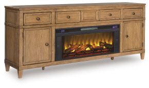 Signature Design by Ashley® W655W1 Sharlance - 81" TV Stand With Electric Infrared Fireplace Insert - Light Brown
