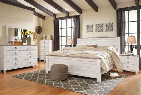 Signature Design by Ashley® B267/31/36/46/58/56/99/92(2) Willowton - 8 Pc. - Dresser, Mirror, Chest, King Panel Bed, 2 Nightstands - Whitewash
