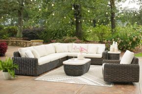 Signature Design by Ashley® P711/854/846/877/821/701/702 Kimora - 7 Pc. - 4-Piece Outdoor Sectional, Swivel Glider Lounge, Cocktail Table, End Table - Beige / Dark Brown