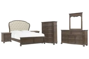 Pulaski Furniture P412-BR-K6-KIT5 Pulaski Furniture P412-BR-K6-KIT5 Saddle Creek - California King Upholstered Panel Bed, 2 Nightstands, Drawer Dresser With Mirror And Drawer Chest - Timber Brown