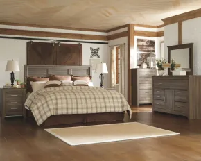 Ashley Furniture B251/31/36/46/58/92(2) Ashley Furniture B251/31/36/46/58/92(2) Juararo - 6 Pc. - Dresser, Mirror, Chest, King Panel Headboard, 2 Nightstands - Dark Brown
