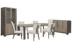 Pulaski Furniture P402240-KIT72 Pulaski Furniture P402240-KIT72 Anderson Park - Leg Dining Table With 4 Klismos Dining Chairs, 2 Upholstered Side Chairs, Sideboard And China Cabinet - Moose Trail / Frontier Brown