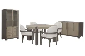 Pulaski Furniture P402230-KIT16 Pulaski Furniture P402230-KIT16 Anderson Park - Round Dining Table With 4 Upholstered Host Chairs, Sideboard And China Cabinet - Moose Trail / Frontier Brown
