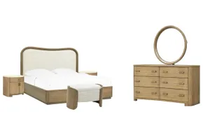 Pulaski Furniture BP432-180KG-KIT25 Pulaski Furniture BP432-180KG-KIT25 Leeza - King Upholstered Panel Bed, 2 Bachelor Chests, Drawer Dresser With Mirror And Bench - Brown