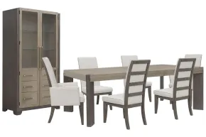 Pulaski Furniture P402240-KIT95 Pulaski Furniture P402240-KIT95 Anderson Park - Leg Dining Table With 4 Upholstered Side Chairs, 2 Upholstered Arm Chairs And China Cabinet - Moose Trail / Frontier Brown