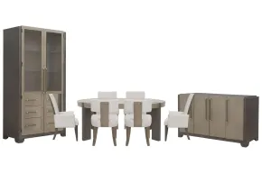 Pulaski Furniture P402230-KIT44 Pulaski Furniture P402230-KIT44 Anderson Park - Round Dining Table With 4 Klismos Dining Chairs, 2 Upholstered Arm Chairs, Sideboard And China Cabinet - Moose Trail / Frontier Brown
