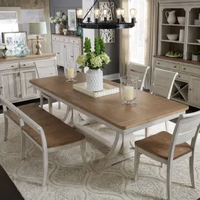 Liberty Furniture 652-DR-6TRES Liberty Furniture 652-DR-6TRES Farmhouse Reimagined - 6 Piece Trestle Set - Antique White / Chestnut Tops