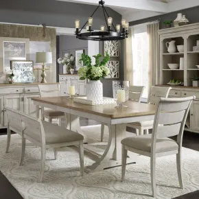 Liberty Furniture 652-DR-O6TRS Liberty Furniture 652-DR-O6TRS Farmhouse Reimagined - 6 Piece Trestle Table Set (Ladder-Back Upholstered Chairs) - Antique White / Chestnut Tops