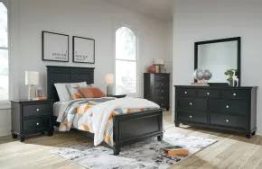 Ashley Furniture B687/31/36/52/53/86/92(2) Ashley Furniture B687/31/36/52/53/86/92(2) Lanolee - 7 Pc. - Dresser, Mirror, Twin Panel Bed, 2 Nightstands - Black