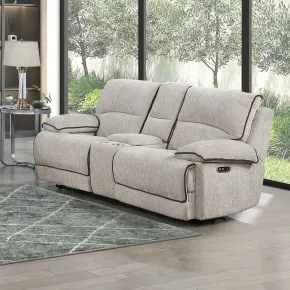 New Classic U5861-25P2-LBR Camden - Dual Reclining Console Loveseat With Power Headrest & Footrest - Beige / Brown