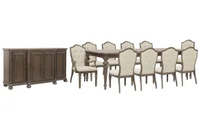 Pulaski Furniture P412240-KIT36 Pulaski Furniture P412240-KIT36 Saddle Creek - Extendable Leg Dining Table With 8 Upholstered Side Chairs, 2 Arm Chairs And Server - Timber Brown