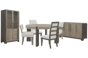 Pulaski Furniture P402230-KIT60 Pulaski Furniture P402230-KIT60 Anderson Park - Round Dining Table With 2 Klismos Dining Chairs, 2 Upholstered Side Chairs, Sideboard And China Cabinet - Moose Trail / Frontier Brown