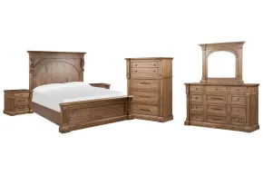 Pulaski Furniture BP444-180KGC-KIT5 Pulaski Furniture BP444-180KGC-KIT5 Gallant Grove - California King Panel Bed, 2 Nightstands, Drawer Dresser With Landscape Mirror And Drawer Chest - Brown