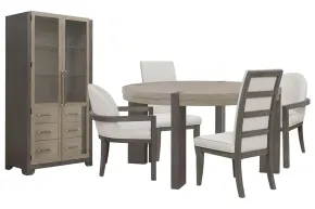 Pulaski Furniture P402230-KIT39 Pulaski Furniture P402230-KIT39 Anderson Park - Round Dining Table With 2 Upholstered Side Chairs, 2 Host Chairs And China Cabinet - Moose Trail / Frontier Brown
