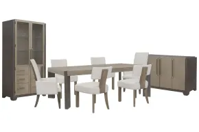 Pulaski Furniture P402240-KIT64 Pulaski Furniture P402240-KIT64 Anderson Park - Leg Dining Table With 4 Klismos Dining Chairs, 2 Upholstered Arm Chairs, Sideboard And China Cabinet - Moose Trail / Frontier Brown